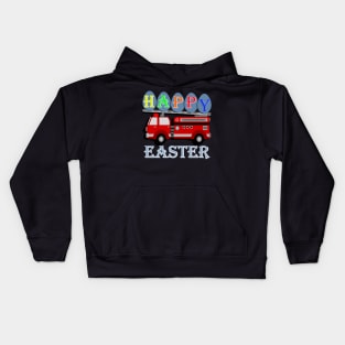 Happy Easter Design for Kids, Firetruck carrying Easter eggs that spell out HAPPY and Easter under the truck. Kids Hoodie